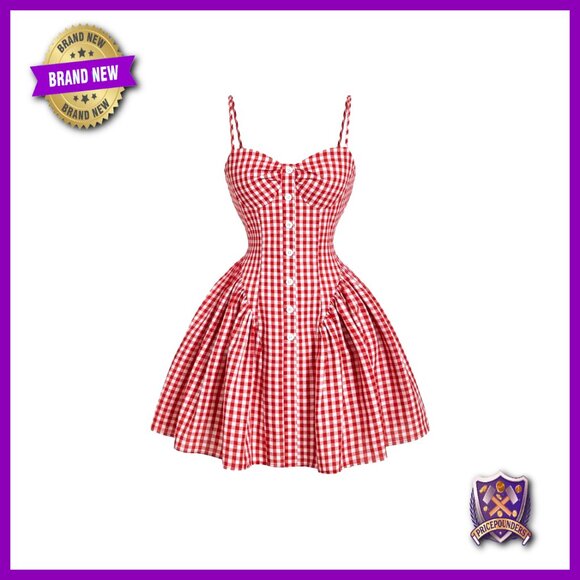 Dresses & Skirts - Plaid Cami Dress Spaghetti Strap Ruffle Hem Button Front Casual Chic